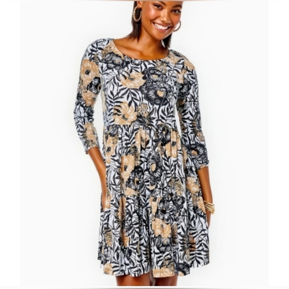 Lilly Pulitzer Geanna Dress XS Black Gold Bold Floral Botanical Summer Tiered